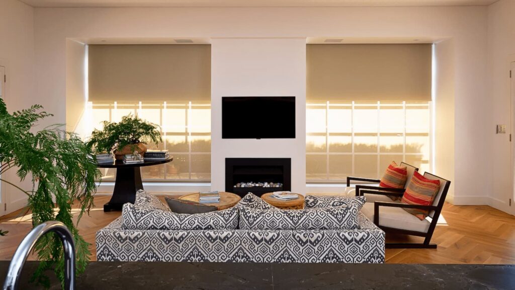 living area with modern roller blinds